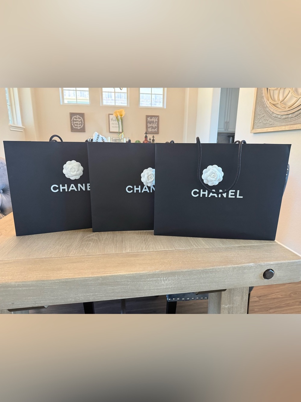CHANEL Black Shopping Bags with White Camellias - Set of Three
